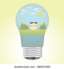 House in front of lake inside realistic creative bulb