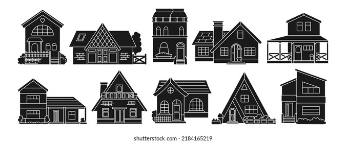 House front line engraving set. Various facade village or urban, small and tiny houses. Stamp modern or vintage cozy buildings. Residential homestead, cottage or villa facades apartment silhouette