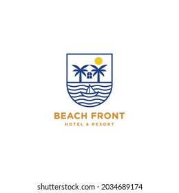 House at front ocean with palm tree waves and boat simple minimal badge logo icon sign design. Vector illustration