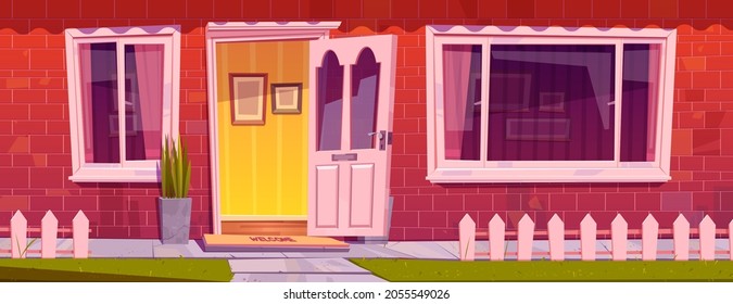 House front with red brick wall, windows, open door and plants in pot. Vector cartoon illustration of home entrance with white fence and green lawn, residential building facade svg