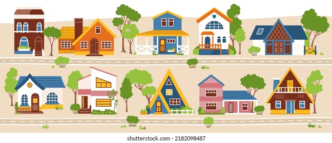 House front Scandinavian flat street. Various cartoon facade village or urban, small and tiny houses. Colorful modern or vintage cozy buildings. Residential homestead, cottage or villa facades