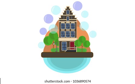 House in front with trees and soap bubbles.