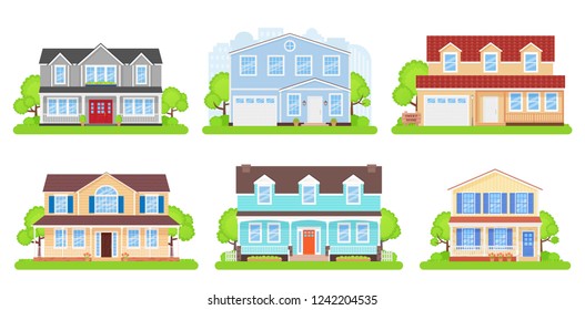 House front. Vector. Home exterior. Townhouse building facade. Modern cottage with tree, bush, yard. Residential estate. Suburb architecture. Apartment with roof door. Cartoon illustration Flat design