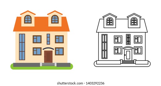 House front view in flat and line style on white background. Isolated cottage and real estate building facade. Vector illustration