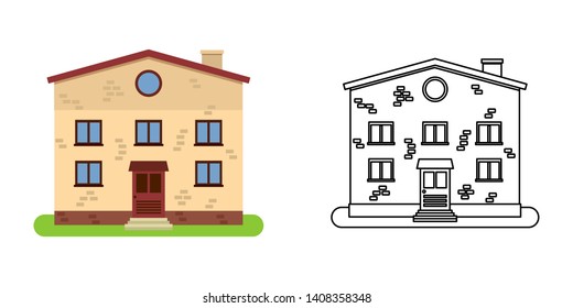 House front view in flat and line style on white background. Isolated cottage and real estate building facade. Vector illustration