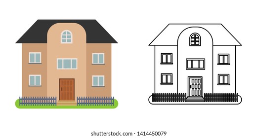 House front view in flat and line style on white background. Isolated cottage and real estate building facade. Vector illustration
