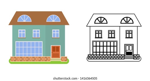 House front view in flat and line style on white background. Isolated cottage and real estate building facade. Vector illustration
