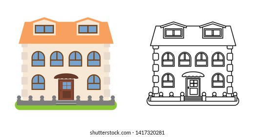 House front view in flat and line style on white background. Isolated cottage and real estate building facade. Vector illustration