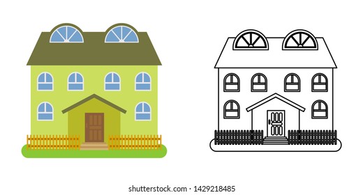 House front view in flat and line style on white background. Isolated cottage and real estate building facade. Vector illustration