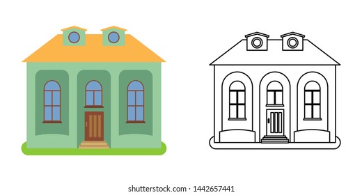 House front view in flat and line style on white background. Isolated cottage and real estate building facade. Vector illustration