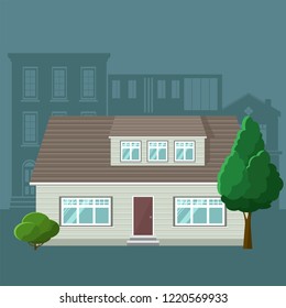 House, front view. Home facade with doors, balcony
 and windows. Vector Abstract Architecture Illustration. Flat Design
