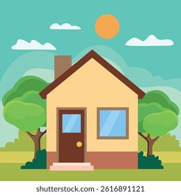 House front view with nature elements vector illustration.