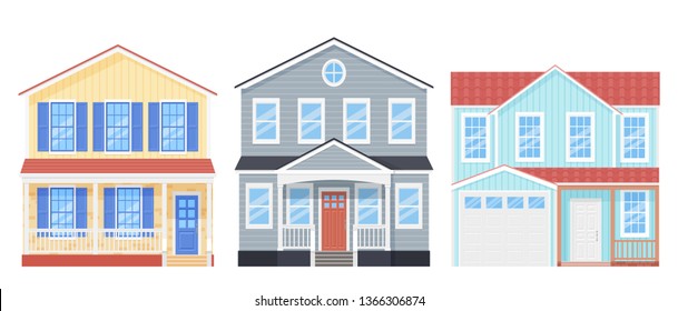 House front view. Vector. Home facade with roof, door, window. Townhouse building exterior. Modern cottage. Residential estate. Suburb apartment architecture. Cartoon illustration. Flat design