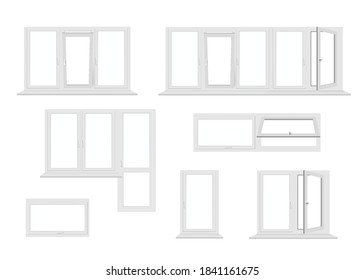 House front windows and balcony white frames in various shapes set of realistic vector illustration isolated on white background. Glazed windows and doors collection.