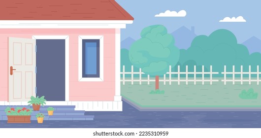 House front yard background. Suburban building lawn and driveway. Vector illustration