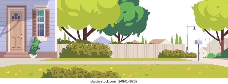 House front yard with long lawn path and fence. Suburban summer landscape vector illustration 