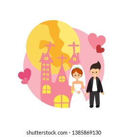 House and full moon with bride and groom. Happy wedding couple. Love symbol icon