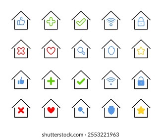 Ícones de coleção de funções de casa. Estilo linear e plano. Ícones de vetor.