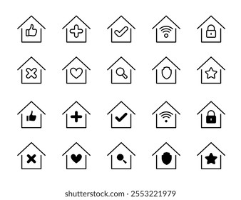 Ícones de coleção de funções de casa. Estilo linear e silhueta. Ícones de vetor.