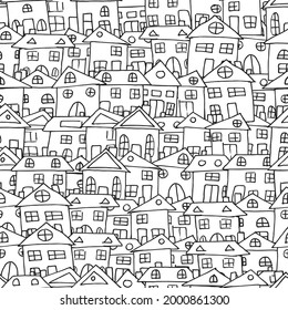 House funny doodle pattern, village vector illustration. Seamless texture in black and white colors