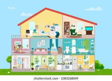 House with furnishings. Eight rooms with furniture. Vector flat illustration.