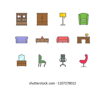 House furniture colored line icons set with cupboard, wardrobe, lamp, armchair, sofa, desk, dressing table, chair.