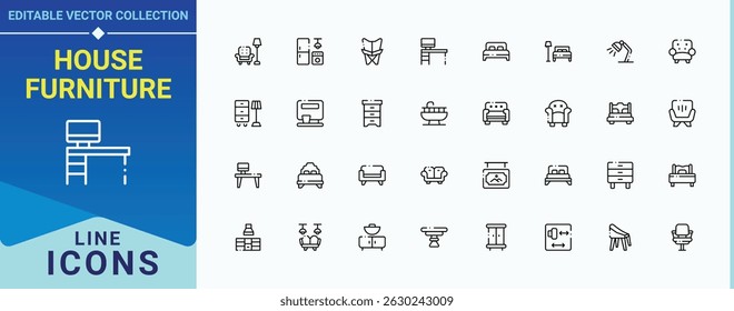 Caixa de ícone da mobília da casa. Contendo cama, decoração, quarto, jantar, banheiro, salão e muito mais. Conjunto de ícones de móveis. Traçado de vetor editável minimalista. Ilustração vetorial. Pixel perfeito.
