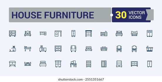 House Furniture icons. Featuring interior, house, elements, sofa, decoration, shelving, decor. Minimalist thin linear icon. Vector outline and solid icons collection.