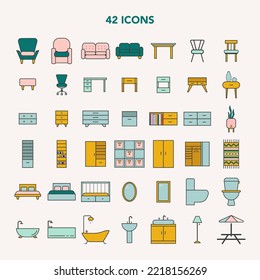 House Furniture icons set. Vector symbols of Home decor, living room, bed room, bath room, outside furniture. Collection of minimal style isolated and colorful illustrations. Perfect for website, app