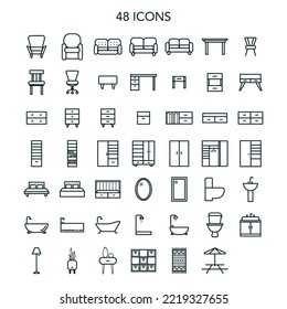 House Furniture icons set. Vector symbols of Home decor, living room, bed room, bath room, outside furniture. Collection of minimal style isolated and outline illustrations. Perfect for website, app