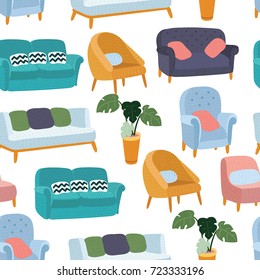 House furniture pattern seamless, background home, object decoration, sofa, arm chair and indoor, vector illustration on white background