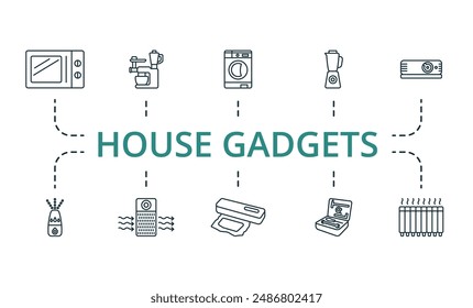 Conjunto de iconos de contorno de gadgets de casa. Iconos creativos: microondas, procesador de alimentos, lavadora, licuadora, proyector, humidificador, purificador de aire y más