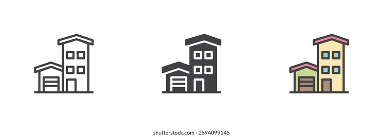 House with garage different style icon set. Line, glyph and filled outline colorful version, outline and filled vector sign. Symbol, logo illustration. Vector graphics