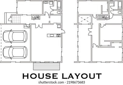 House with garage floor plan vector illustration. Fictitious Japanese residential floor plan. 