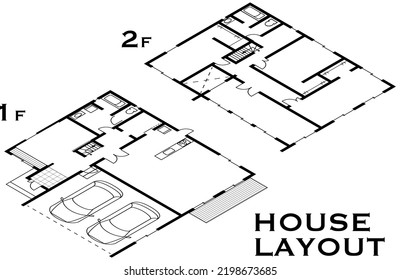 House With Garage Floor Plan Vector Illustration. Fictitious Japanese Residential Floor Plan.  Isometrical View