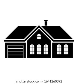 House with garage icon. Black silhouette. Front view. Vector drawing. Isolated object on a white background. Isolate.