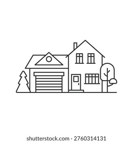 House with garage, icon in line design. house, garage, home, suburban, property, building, residence on white background vector. house with garage editable stroke icon