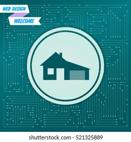 house with garage icon on a green background, with arrows in different directions. It appears on the electronic board. Vector illustration