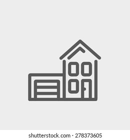 Haus mit Garage Icon dünne Linie für Web und mobile, moderne minimalistische flache Design. Vektorgrafik, dunkelgraues Symbol auf hellgrauem Hintergrund.