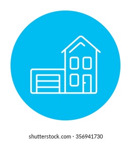House with garage line icon for web, mobile and infographics. Vector white icon on the light blue circle isolated on white background.