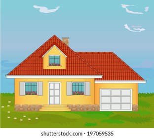 house with a garage on a background of grass and sky, vector