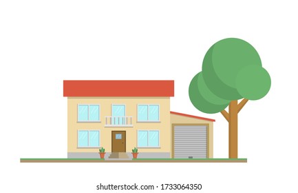 House with garage and tree. Flat vector illustration isolated on white background.