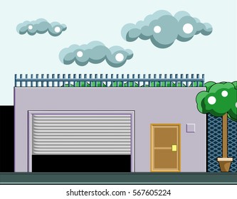 A house with a garage, trees on the front and clouds in the sky. Vector flat illustration.