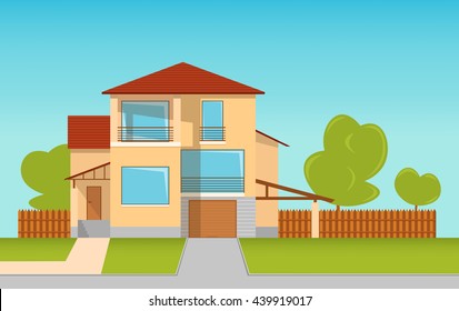 The house with a garage. Vector illustration
