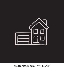 Casa con icono de esbozo vectorial de garaje aislado en el fondo. Dibujar mano a la Casa con el icono del garaje. Casa con icono de esbozo de garaje para infografía, sitio web o aplicación.