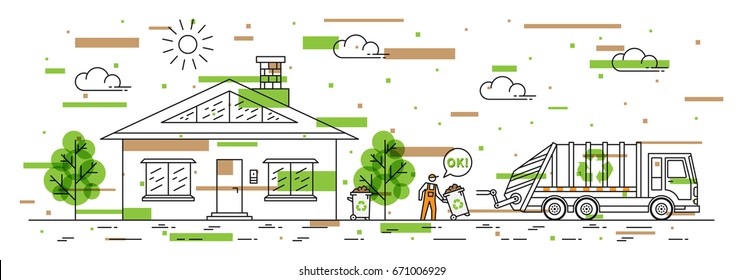 House And Garbage Truck With Recycle Sign Vector Illustration With Colorful Elements. Dustman Carries Out Rubbish Bin Line Art Concept. Refuse Collector Removes Garbage Near By House Graphic Design.