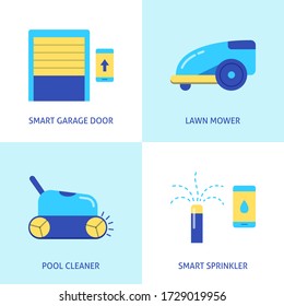 House and garden automation icon set in flat style. Remote controlled garage door, lawn mower, pool cleaner and smart sprinkler. Vector illustration.