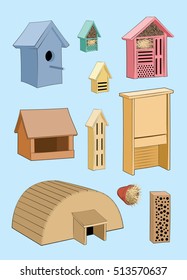 House in garden for birds, hedgehog and insect set. Natural pest control. Vector illustration