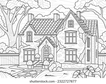 House with garden. Coloring book in zentangle style with castle and stone path. Black and white banner with rustic landscape. Architecture, villa and home concept. Outline flat vector illustration