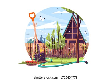 House and garden exterior vector illustration. Bayonet shovel, rake and watering hose in front of building. Trees, flowers and plants flat style concept. Isolated on white background